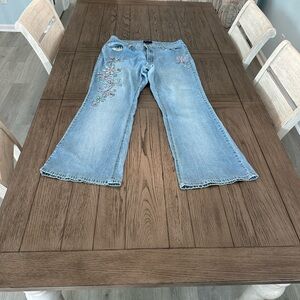 Angels Light Blue Flare Jeans with Floral Embroidery